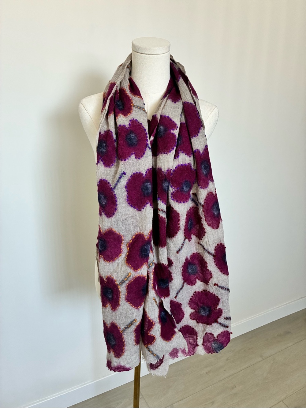 Lightweight Floral Wool Scarf - Magenta Flowers on Cream